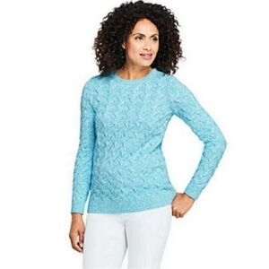 Lands’ End Women's Cotton Drifter Cable Crew Neck Sweater Marled Blue Medium